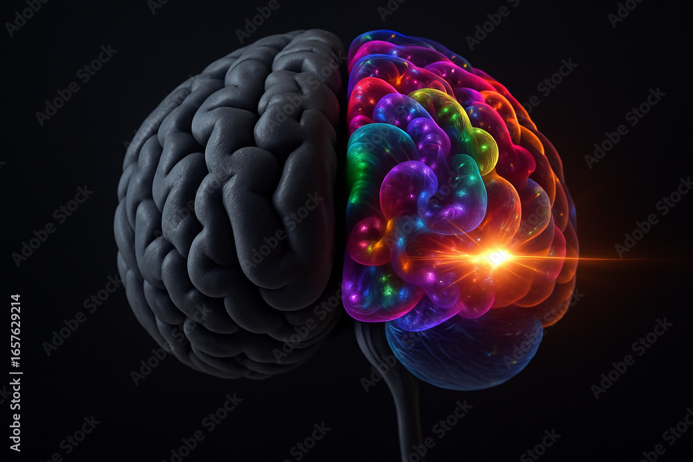 Poster ai generated digital artwork of a human brain showing left side in gray symbolizing logic and right 