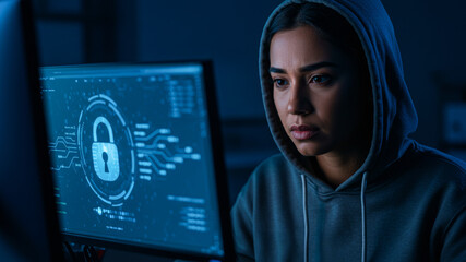 Serious woman working on cybersecurity with digital interface
