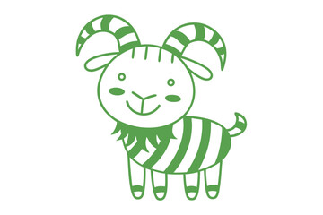 Striped green goat is smiling with short beard and big horns on white background