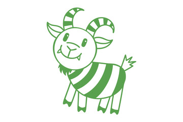 Striped green cute cartoon goat stares ahead with happy expression on a white background