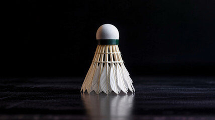 Professional badminton shuttlecock detailed close-up on dark reflective surface