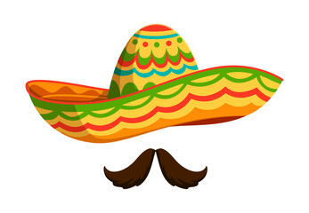 Mexican mariachi sombrero hat with mustaches for holiday fiesta, vector cartoon icon. Mexican culture art, tradition and Latin American decoration symbol of sombrero and mustaches for Mexico festival