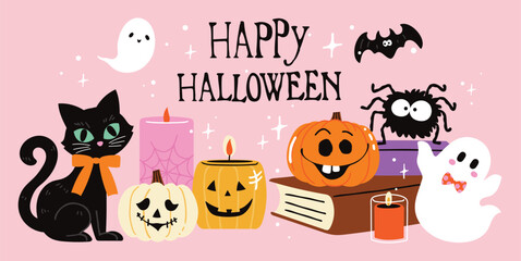 Fototapeta premium Happy Halloween day on pink background vector. Wallpaper of spooky ghost, pumpkin, bat, cat, candle, ghost, book, spider. Adorable halloween festival elements for decoration, prints. 