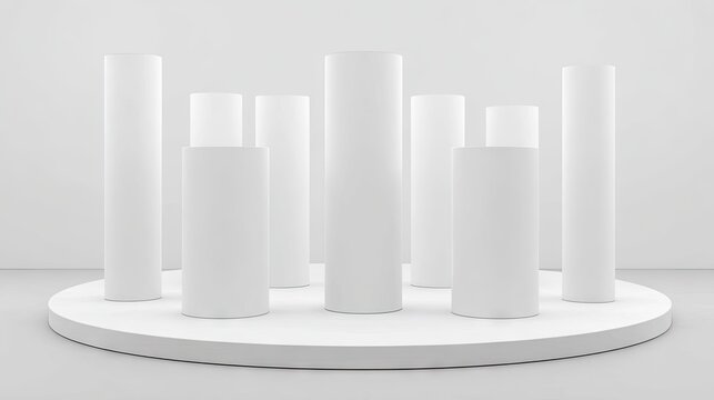 White cylindrical display columns on a round platform.