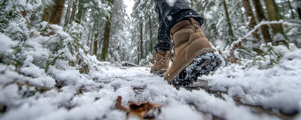 Hiker's boots crunching through fresh snow on a forest trail