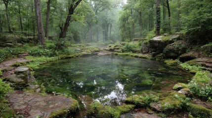 Tranquil spring-fed pool in a misty forest