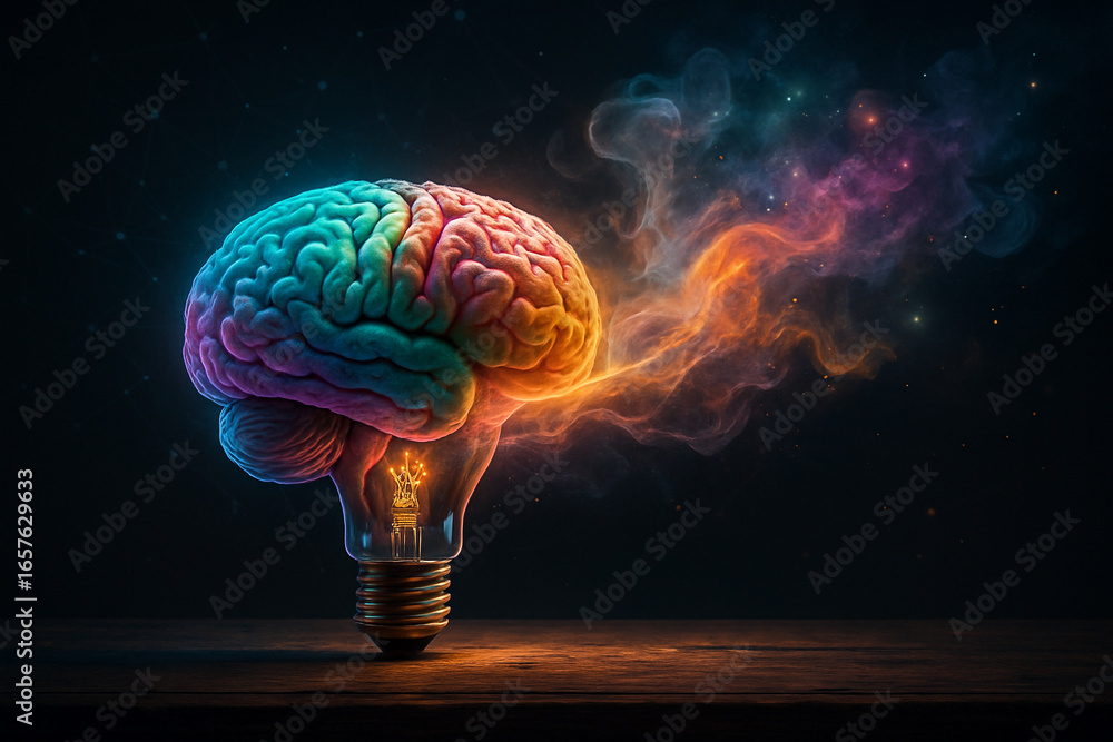 Poster ai generated conceptual artwork of a human brain fused with a light bulb releasing colorful energy w