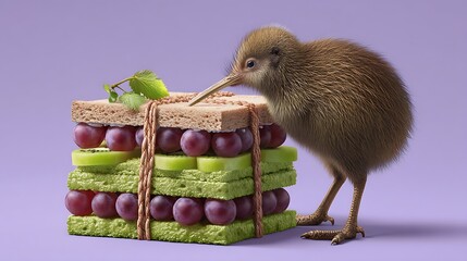 Kiwi bird looking at a sandwich made of kiwi fruit grapes and bread on a purple background