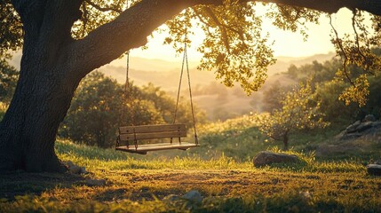 An empty wooden swing slowly swaying under a large oak tree at sunset, warm golden-orange sky, soft wind, long shadows, cinematic nostalgic atmosphere, ultra