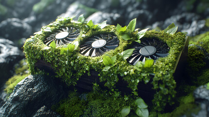 Powerful graphics card integrated with lush nature, symbolizing eco-friendly technology and innovation.