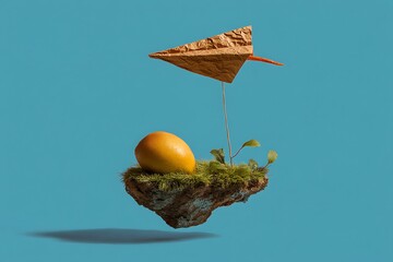 Paper plane flying from a floating island with an egg against a blue sky background for creative concepts