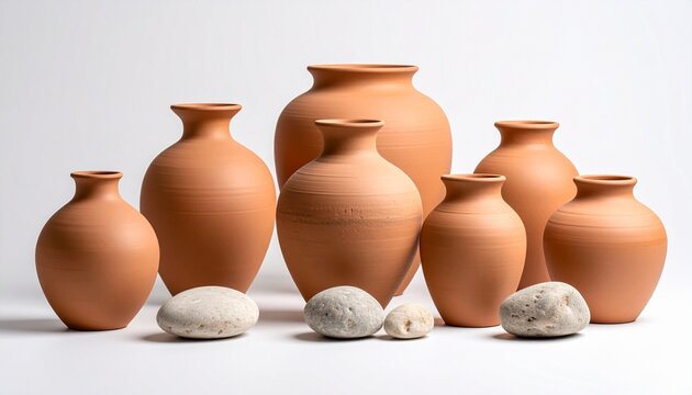 Group of handcrafted terracotta pots with smooth stones arranged on a white background, showcasing rustic elegance.