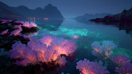 Night ocean landscape with glowing coral and mountains for desktop wallpaper background image 4k 8k uhd