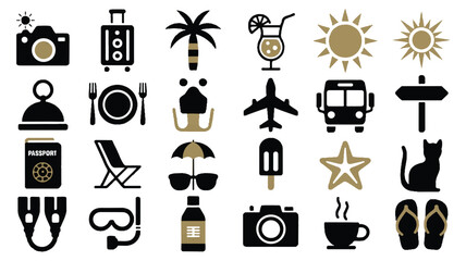 A set of 20 black and gold travel and vacation icons arranged in a grid layout.  