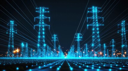 an image of digital transmission line towers and lines reaching out into the distance. the background is black, the digital transmission towers are electric 