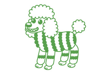 Smiling cartoon poodle shows its teeth and has green wavy stripes