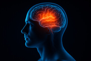 AI generated conceptual digital art of human brain glowing with red orange light symbolizing energy thought creativity and futuristic science inside transparent head silhouette