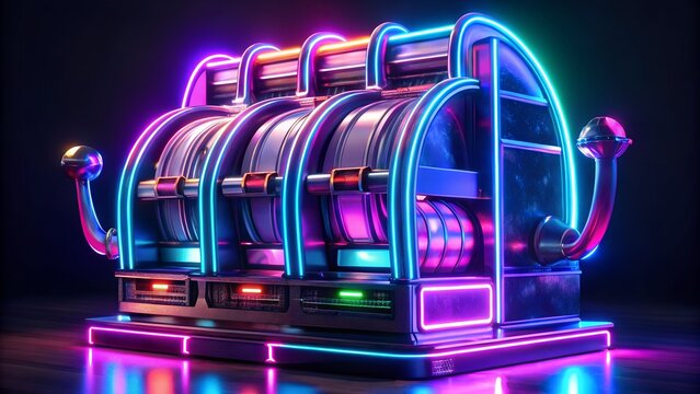 Neon Lit Slot Machine with Glowing Reels and Vibrant Colors in a Dark Environment