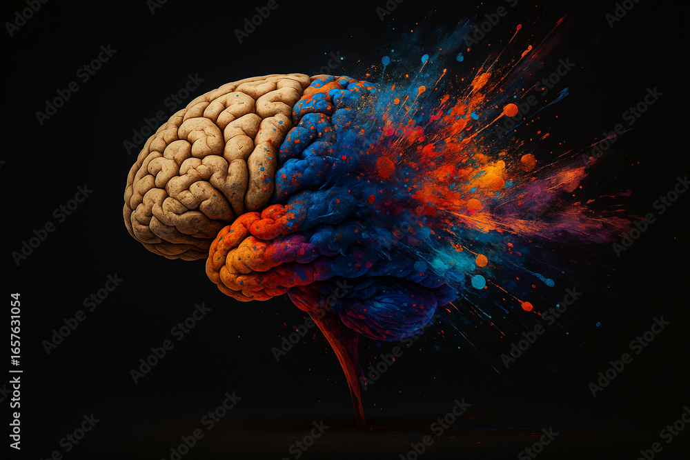 Poster ai generated digital art of a human brain side view blending realism and surrealism with half natura