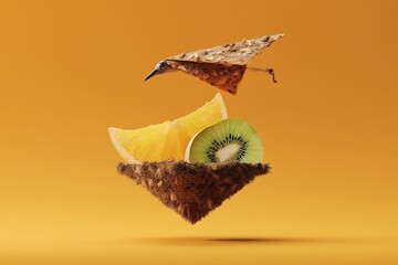Whimsical fruit composition featuring a cracker bird orange slice and kiwi on a textured platform