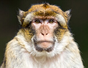 Fototapeta premium Detailed headshot of a wild Barbary macaque primate from nature, with an intense and soulful stare into the camera