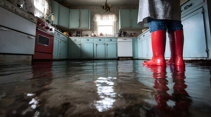 Flooded kitchen floor; person in red boots surveying the damage. Water damage and home emergency.