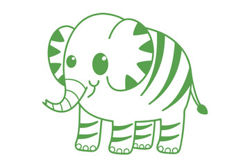 Green linear illustration displays a cute cartoon elephant standing on a white background