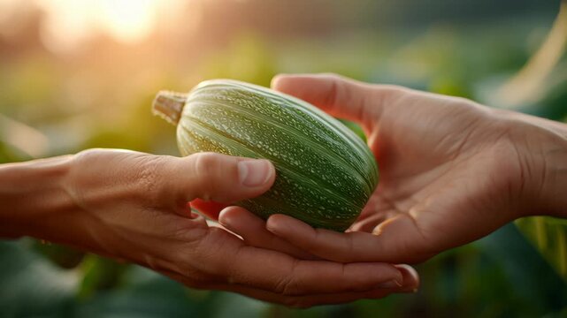 Person tending fresh vegetable market, handing green squash hand sunlight, natural setting with healthy produce, showing care and connection to nature, vibrant outdoor atmosphere, inviting and warm