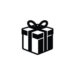 Simple black and white icon of a wrapped gift box with a bow