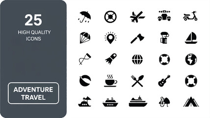A set of 25 adventure travel icons arranged in a grid layout.