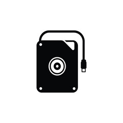 Black and white icon of an external hard drive with usb cable