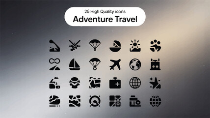 A set of 25 adventure travel icons arranged in a grid layout.