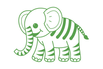 Green outline shows cartoon elephant with striped design smiling softly on solid white