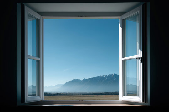 Open window frames breathtaking mountain vista under clear azure sky in peaceful countryside.