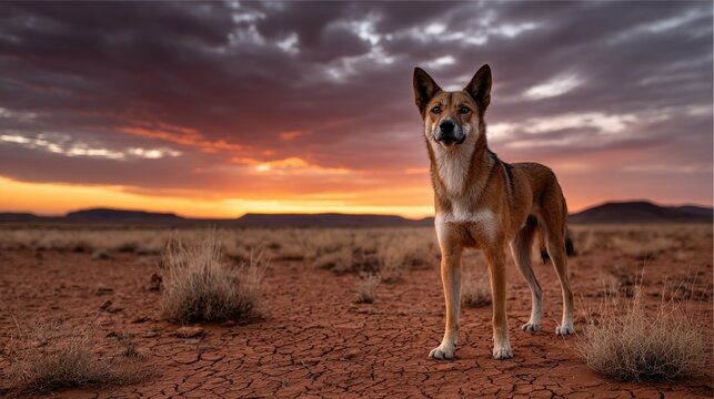 A vigilant dingo standing alert in the red desert plains of Australia during sunset