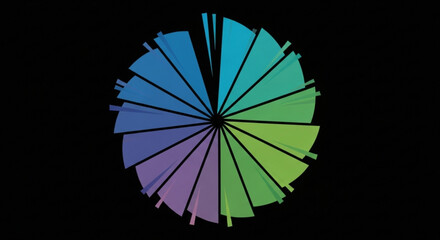Abstract radial gradient design with circular segments in blue green and purple colors on black background