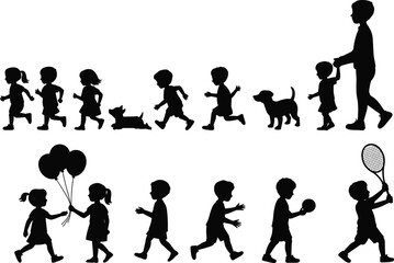 Silhouettes of children and dogs playing, running, holding balloons, joyful outdoor activity, perfect for family, pet, and childhood themes..