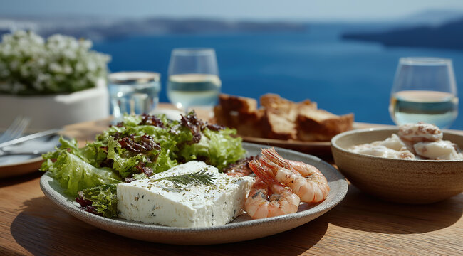 Oceanside terrace showcases Mediterranean appetizers featuring herbed feta alongside fresh prawns and mixed greens
