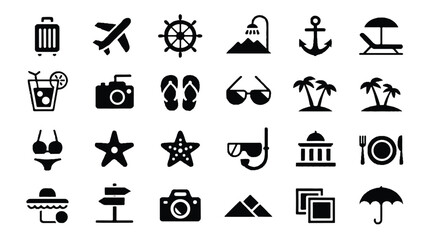 A set of 25 black and white travel and vacation icons arranged in a 5x5 grid on a white background. 