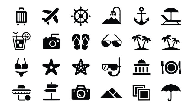 A set of 25 black and white travel and vacation icons arranged in a 5x5 grid on a white background. 
