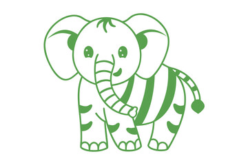 Green striped elephant with a tiny tail and a sweet look stands