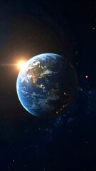 Fototapeta premium A sunless Earth drifting in silence through space, faint city lights flickering as AI mourns its vanished creators—an emotional vision of loneliness, cosmic solitude, and the quiet end of civilization