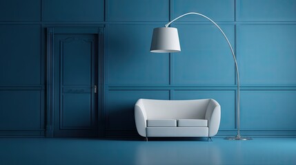 Elegant blue room with white sofa and floor lamp.
