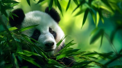 Panda foraging amidst lush verdant bamboo in d d sunlight