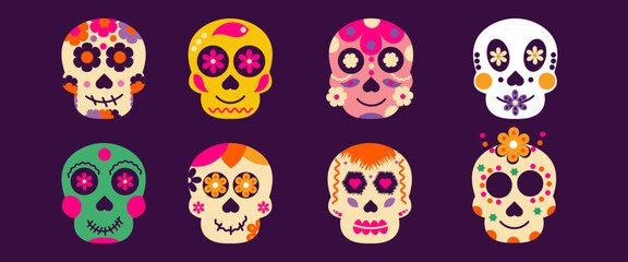 Obraz premium Mexican Skull Dead Day holiday. Dia De Los Muertos vectors of skulls with floral patterns. Symbols of the traditional Mexican festival