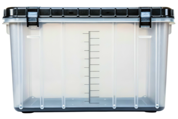 Clear plastic storage container with measurement lines and a lid isolated with transparent background