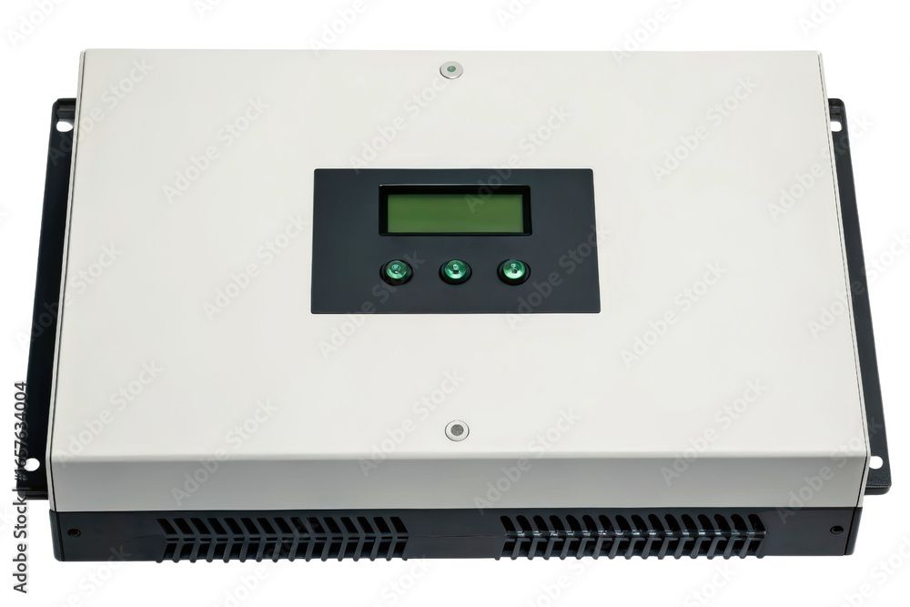 Poster solar power inverter charge controller with a digital display isolated with transparent background
