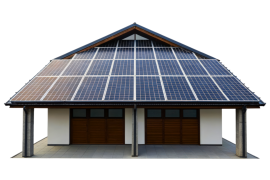 Modern two-car garage with solar panels on the entire roof isolated with transparent background