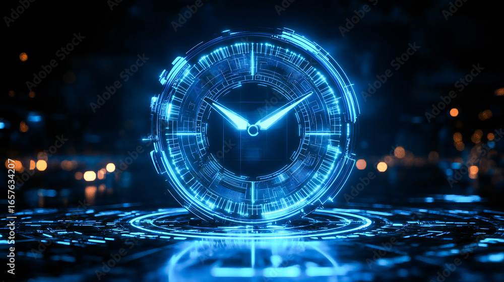 Aufkleber a futuristic digital clock light effect. a glowing silhouette of a clock representing time. backgrou