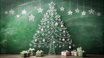 Christmas tree drawn with chalk on a green chalkboard with gifts